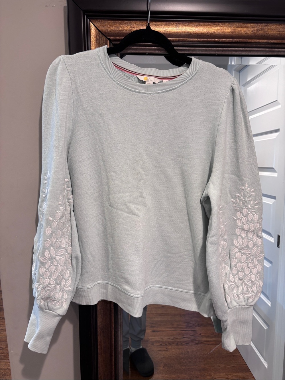 Boden Women US 12 Blue Floral Embroidered Puff Sleeve Sweatshirt 100% Cotton